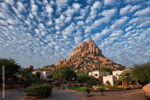 Wallpaper Mural Majestic rock formation dominates landscape, low buildings and lush greenery at base, under a uniquely patterned sky Torontodigital.ca