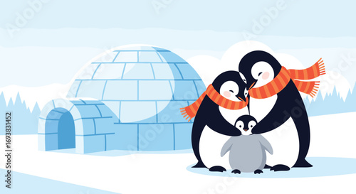 Adorable penguin family with igloo in snowy winter landscape