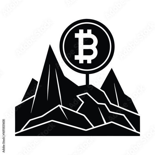 Giant Bitcoin Standing in Digital Mountain Landscape