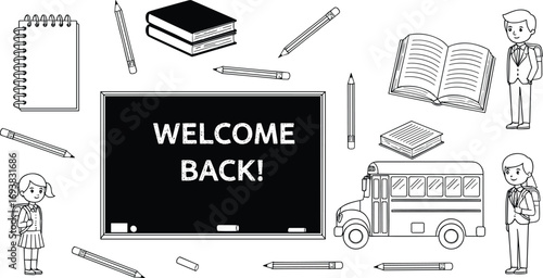 Welcome back to school blackboard with pencils, books, school bus, and happy students illustration, education, learning, classroom concept