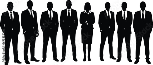 Silhouettes of diverse business team standing confidently, professional corporate group, teamwork concept, formal attire, leadership, success, businesspeople united, office environment