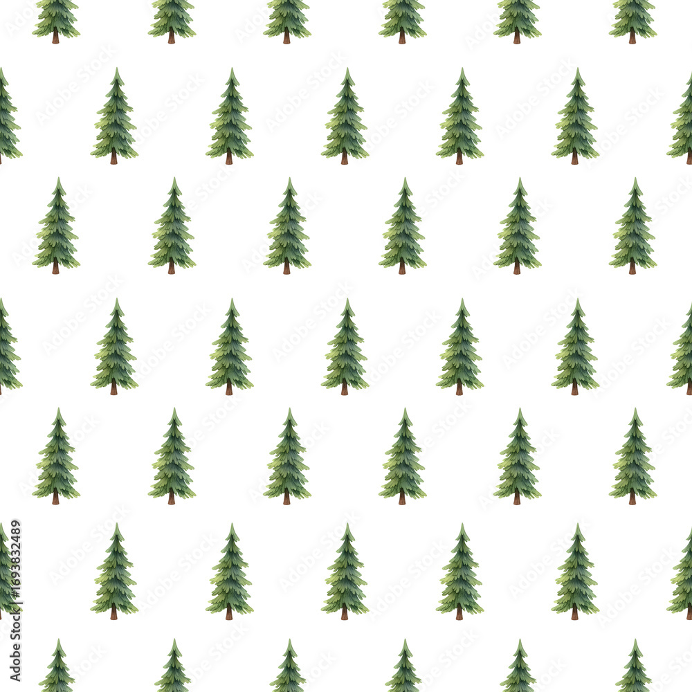 Fototapeta premium Simple seamless pattern of green watercolor Christmas trees on a white background