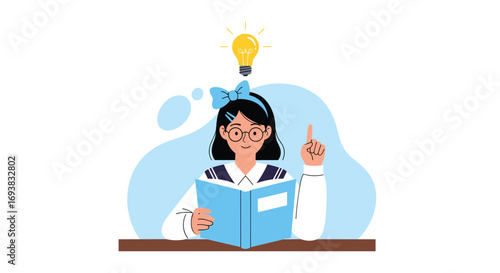 A young student gains insight and understanding while reading an open book with a bright idea bulb above her head