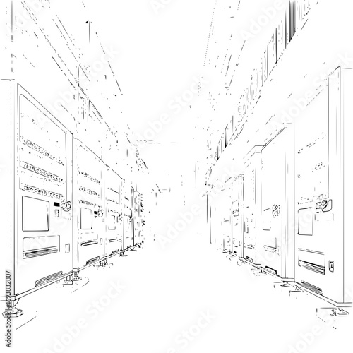 Vending machine alleyway black and white illustration for commercial use and product design projects art