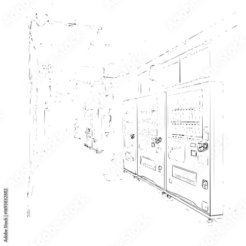 Vending machine row sketch drawing illustration for commercial use and product placement in white background