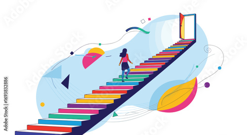 Journey of ascending toward opportunity and growth through colorful steps leading to a bright future