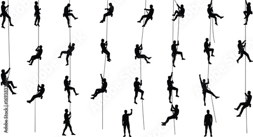 Silhouettes of multiple people climbing ropes, various climbing poses and techniques, outdoor adventure activity, teamwork and sport concept illustration