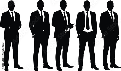 Silhouettes of five confident businessmen in formal suits, standing in a row, corporate team concept, leadership, office professionals, unity