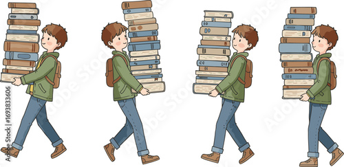 Young boy carrying large stack of books, walking with backpack, studying, reading, education, student life, isolated on white background