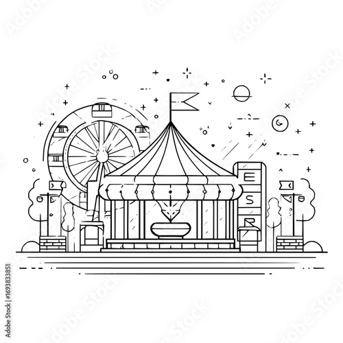 Vector illustration of a fairground amusement park with carousel and ferris wheel line art for design assets