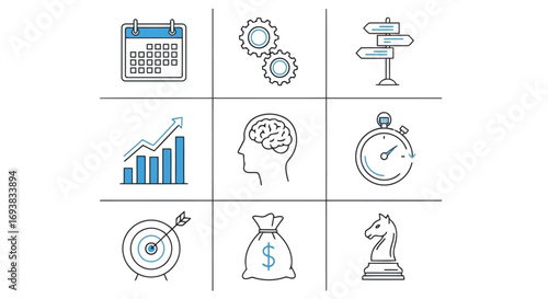 Vector illustration of collection of business and strategy icons including calendar, gears, roadmap, graph, brain, stopwatch, target, money bag, and chess piece