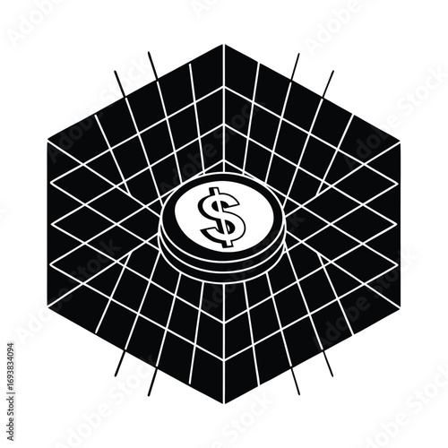 Golden Coin Floating Inside Futuristic Digital Grid