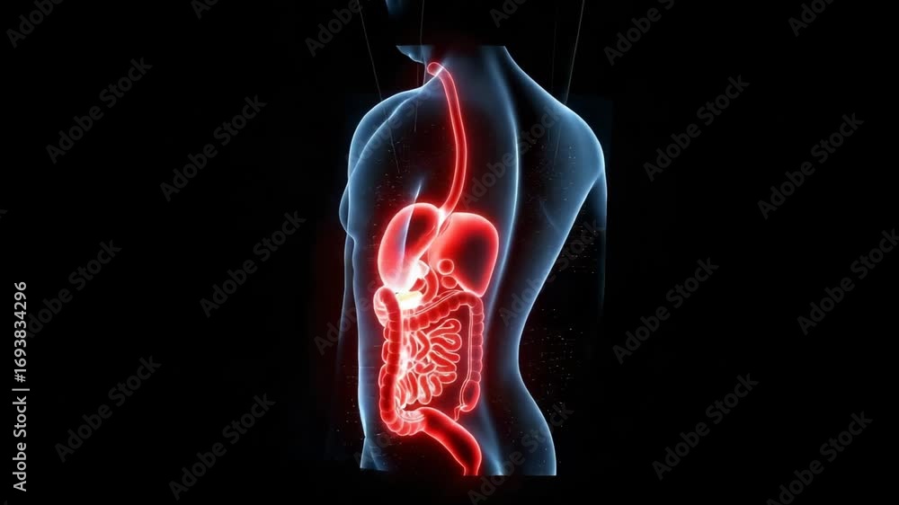 Human Digestive System Anatomy Animation Glowing Red Showing Esophagus ...
