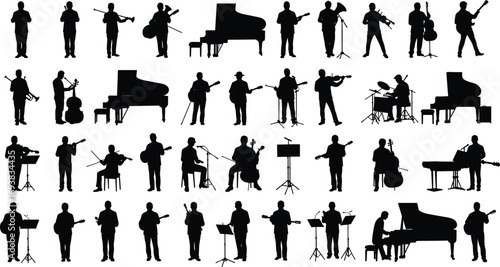Silhouettes of musicians playing various musical instruments including piano, guitar, trumpet, violin, cello, and drums performing together on white background