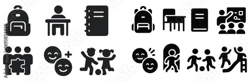 Icons representing education, teamwork, and childhood activities with various school objects and collaborative symbols
