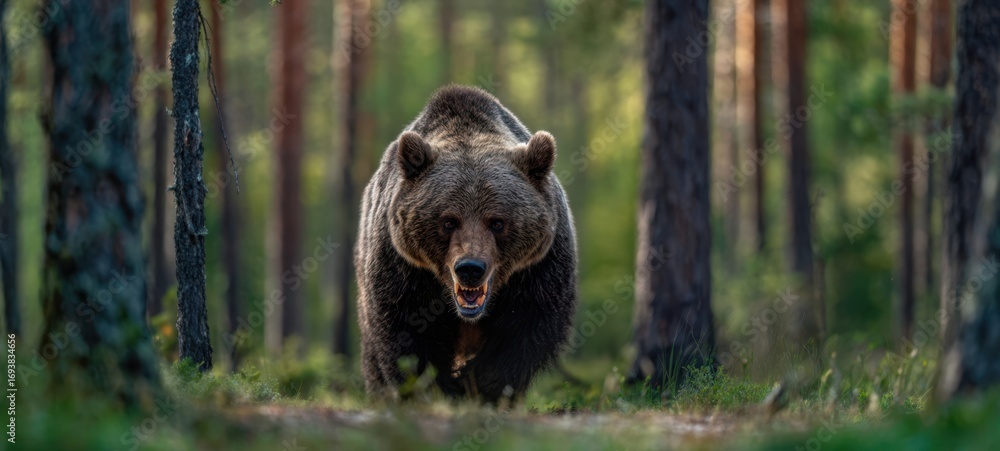 Fototapeta premium The bear charging through dense pine forest with intense focus and bared teeth