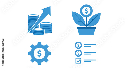 Vector illustration of collection of four blue finance and investment icons including growing coins, money plant, gear with dollar sign, and checklist