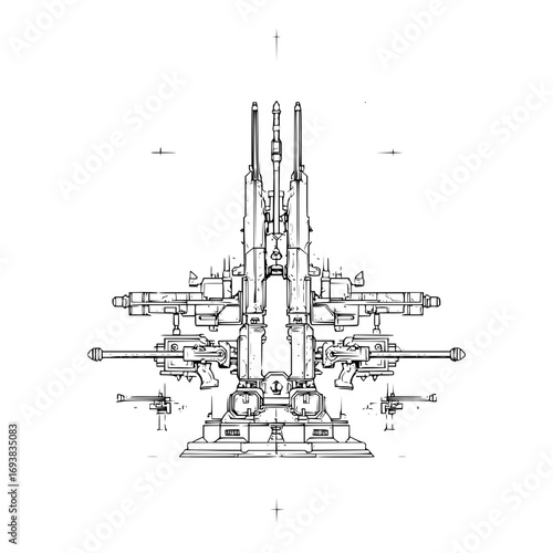 Detailed line art illustration of a futuristic anti aircraft defense system with advanced weapon technology