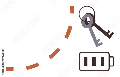 Keys with tracking path and battery icon emphasizing technology, efficiency, and energy concepts. Ideal for organization, energy, navigation, sustainability, tracking innovation and technology. A