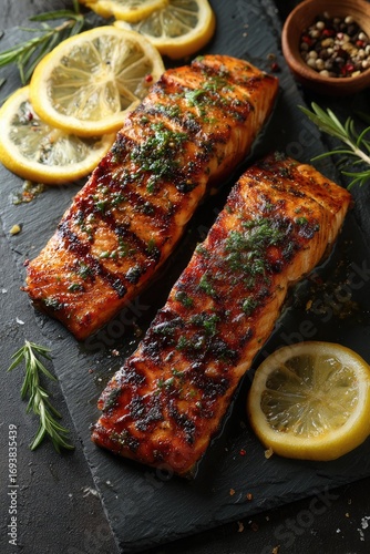 Two grilled salmon fillets, adorned with lemon slices and fresh herbs, rest on a dark slate board