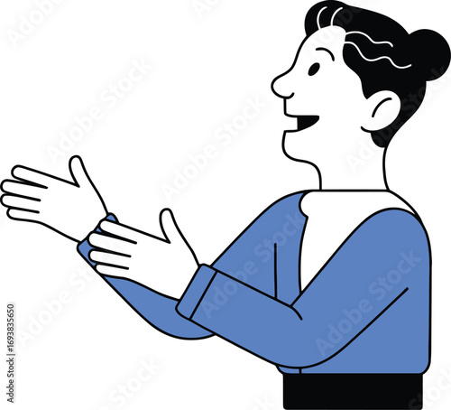 Enthusiastic person applauding and speaking excitedly in a vibrant, modern 