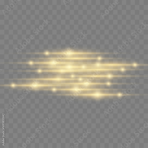 Set of glowing white horizontal lines with soft blur edges. Light beams appear on a transparent background. Ideal for light speed or futuristic effects.