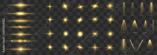 Bright golden sparks scatter in a swirling motion, enhancing the sense of movement and energy. This vector set includes twirls, glitter, and solar flare effects. Ideal for festive or magical themes.