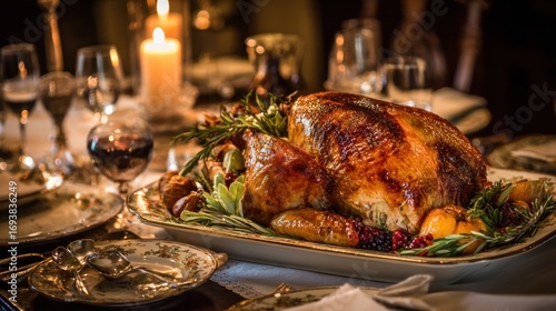 Glistening Roasted Turkey Centerpiece on an Elegant, Candlelit Holiday Dinner Table