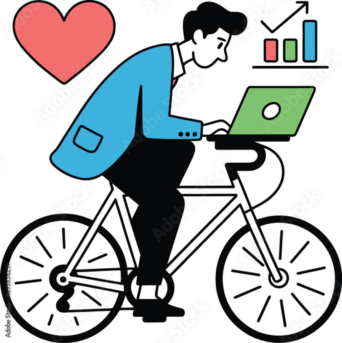 Energetic businessman cycling to success with laptop and growth chs
