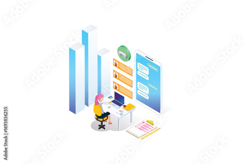 Customer support concept. Consultant on hotline chat, telemarketer. Helpdesk talking. Infographic of call center answer. Girl technical professional receptionist. Flat isometric vector illustration
