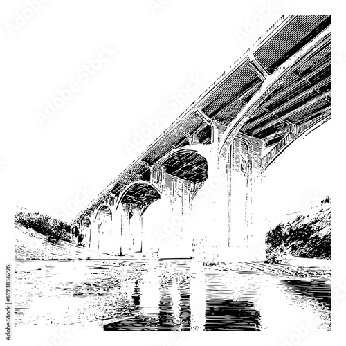 Illustration of a concrete arch bridge over water with reflections and surrounding greenery landscape view