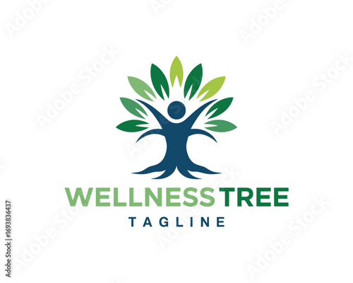 Human figure tree logo with green leaves on white background
