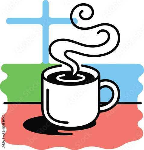 Steaming cup of coffee on colorful abstract background, pure morning bliss