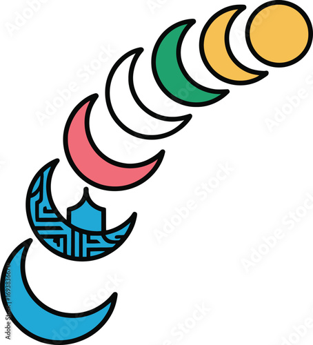 Vibrant moon phases cycle from crescent to full sun, symbolizing growth and change