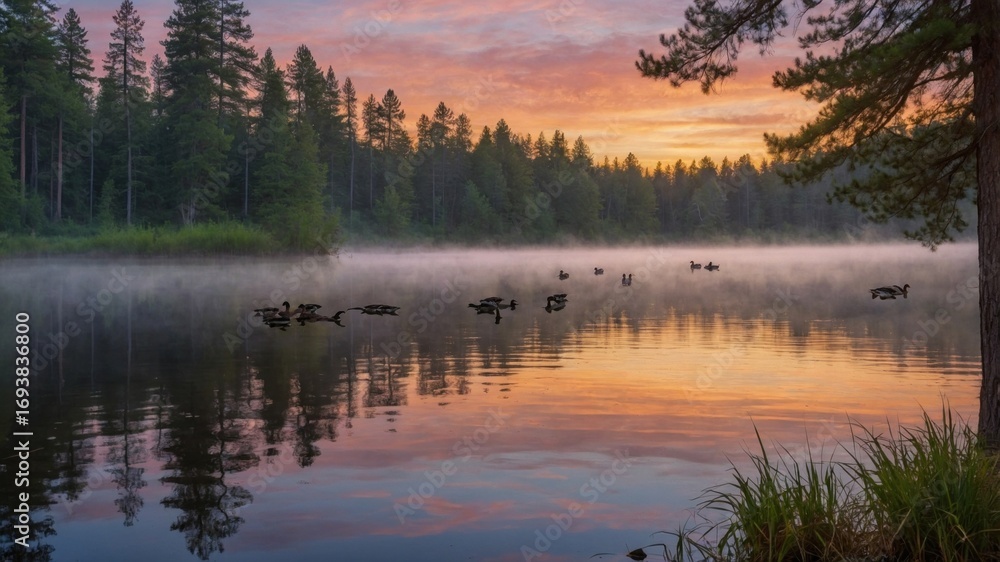 Fototapeta premium Serene sunrise over a misty lake with ducks swimming amidst lush green trees and vibrant sky