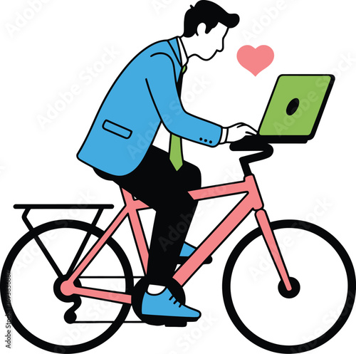 Energetic businessman biking and working on laptop with love for productivity
