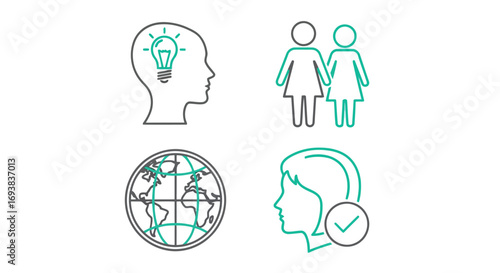 Vector illustration of set of line art icons representing ideas, partnership, global connection, and personal development