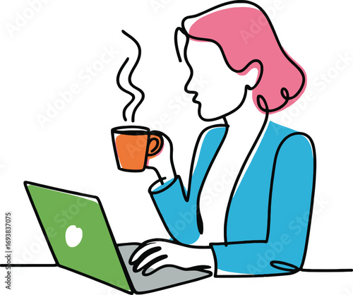 Professional woman enjoying coffee while working on laptop, modern office life