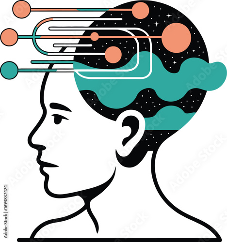 Creative mind concept illustration with abstract brain and connected thoughts