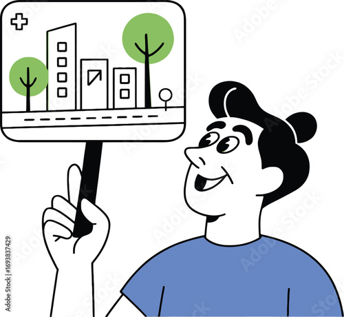 Smiling man holding a sign showcasing city buildings and green trees with optimism and hope
