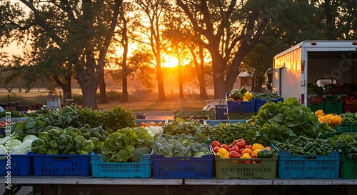 Fresh Vegetable Delivery Truck at Farmers Market Sunset – Agricultural Logistics and Produce Supply,vegetables in the market, Delivery truck loaded with fresh produce, including vegetables