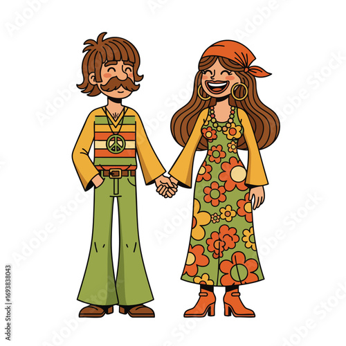 A cheerful cartoon hippie couple from the 1960s or 1970s holding hands in retro fashion with bell bottoms and a floral dress.