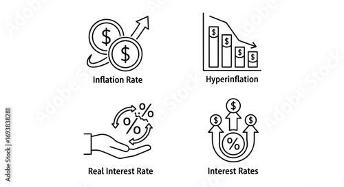 Vector illustration of set of four line icons depicting economic concepts inflation rate, hyperinflation, real interest rate, and general interest rates