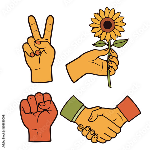 A colorful illustrated set of diverse hand gestures including a peace sign raised fist handshake and holding a sunflower.