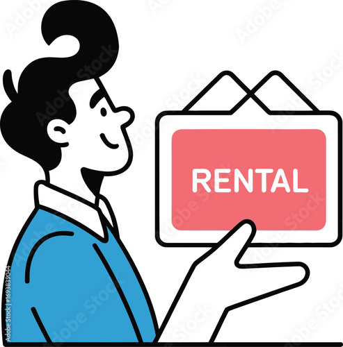 Smiling man holding a vibrant rental sign, perfect for real estate and housing ads