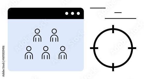 Browser window with six user icons alongside targeting focus. Ideal for digital marketing, audience analytics, personalization, business strategy, performance optimization, market segmentation