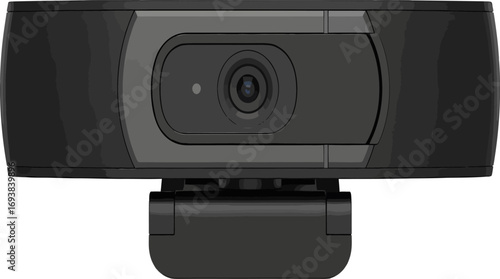 Modern black webcam with privacy shutter for video conferencing and online streaming, isolated on a white background