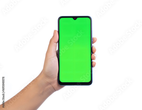 Hand holding a blank smartphone with a green screen display