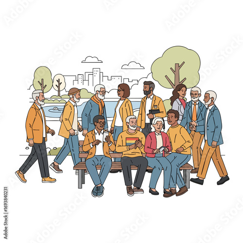 A diverse group of elderly friends socializing together sitting on a park bench and walking outdoors.
