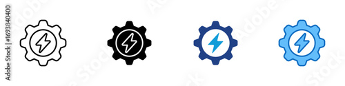 Power Gear Multiple Style Icon Vector Design - Gear with central lightning bolt, representing powered settings, performance optimization, or energy systems